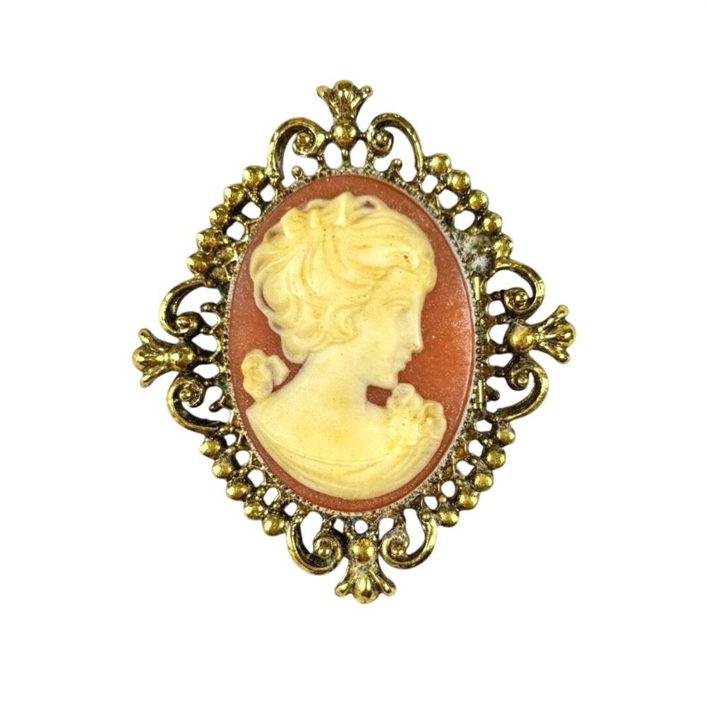 Avon Cameo Locket Brooch Pin Empty of Perfume Gold Tone Resin Signed Vintage